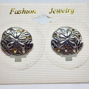 Vintage "MJ" Marie Jennifer Sand Dollar Silver Large Pierced Earrings NOS